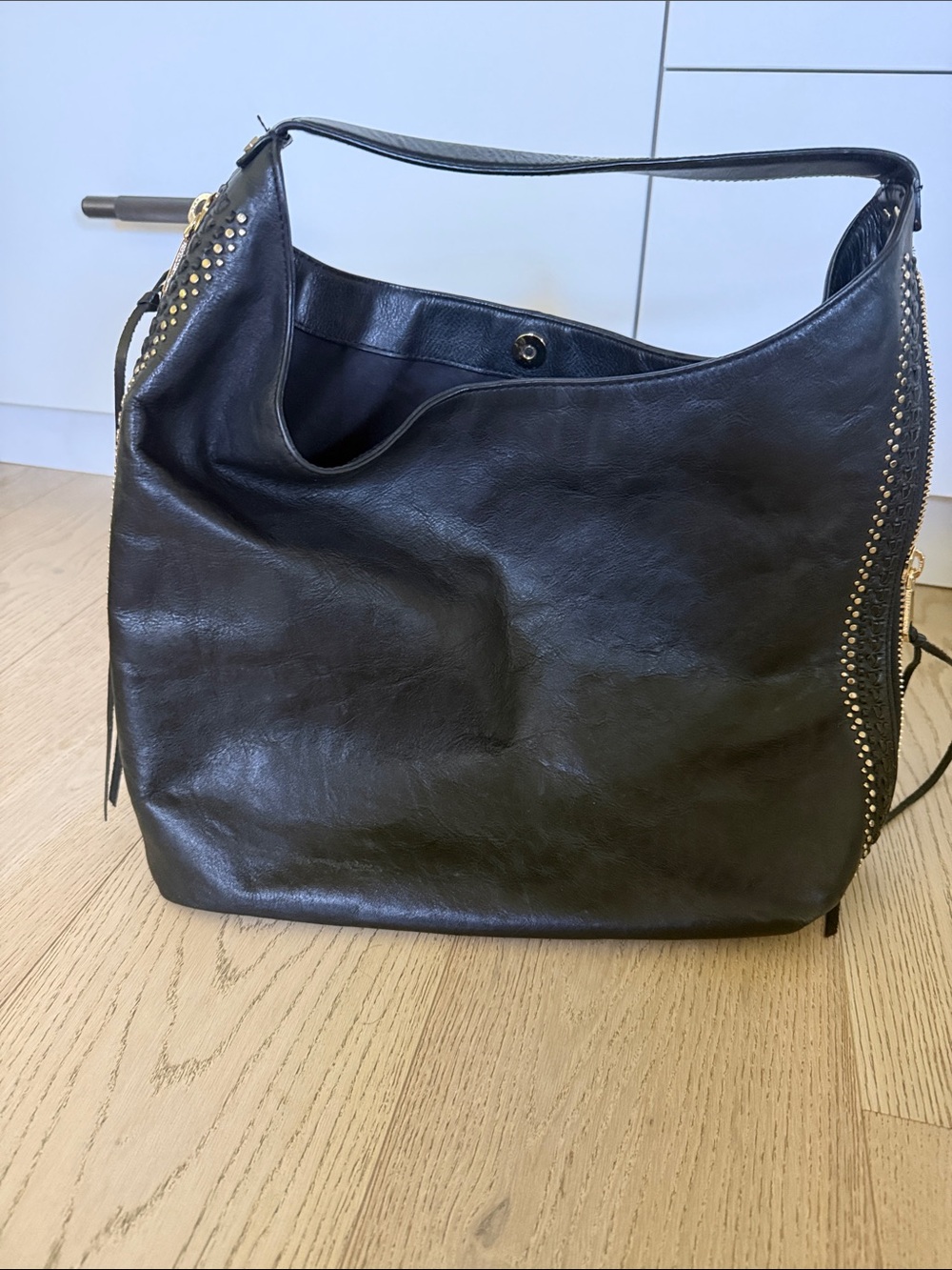 Rebecca Minkoff Black Leather Stud-Trim Shoulder Hobo